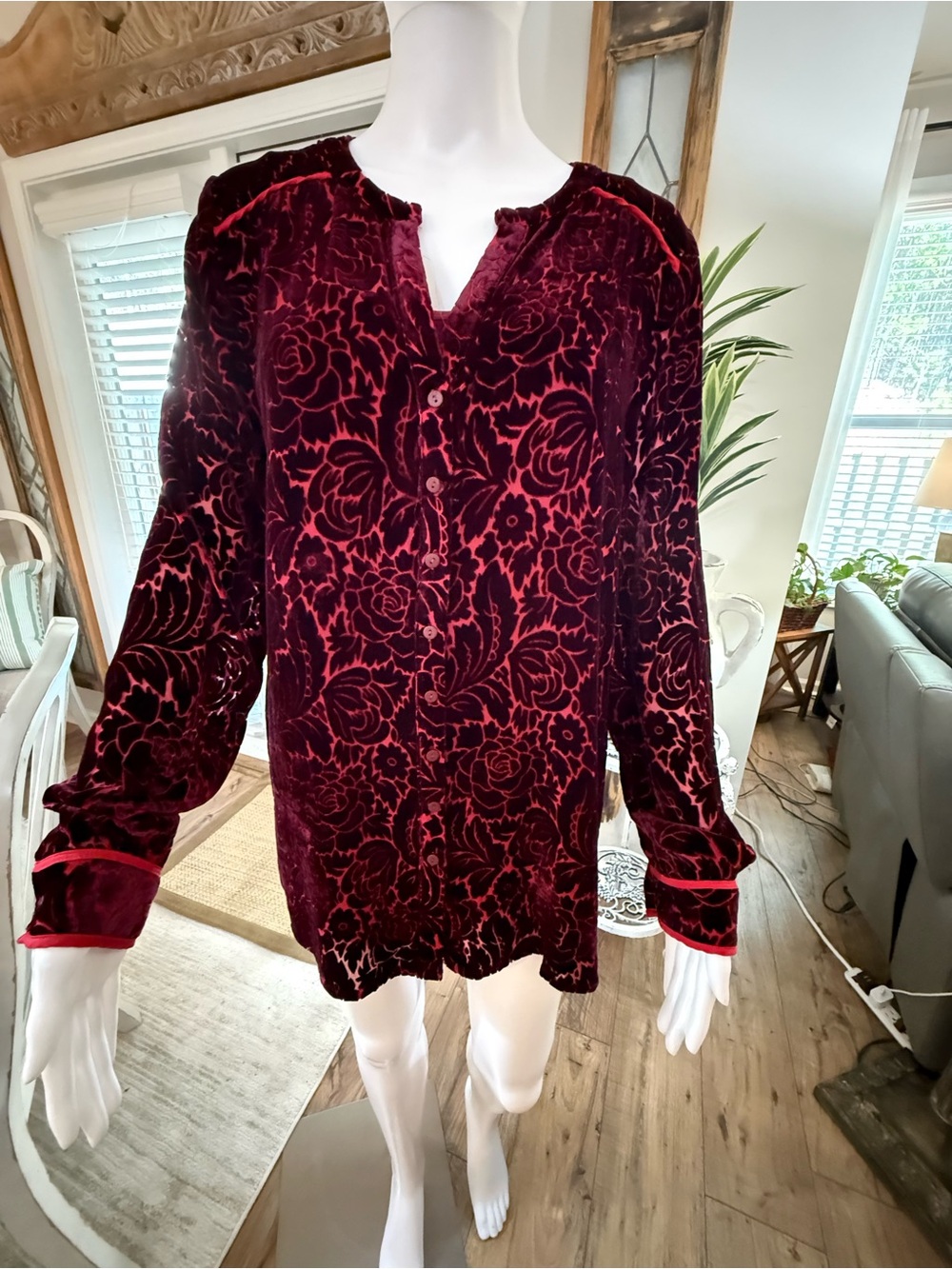 Sundance burnout floral velvet button down jewel toned burgandy shirt w tank